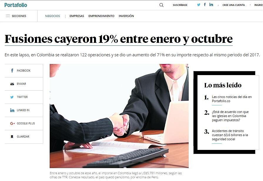 Fusiones cayeron 19% entre enero y octubre